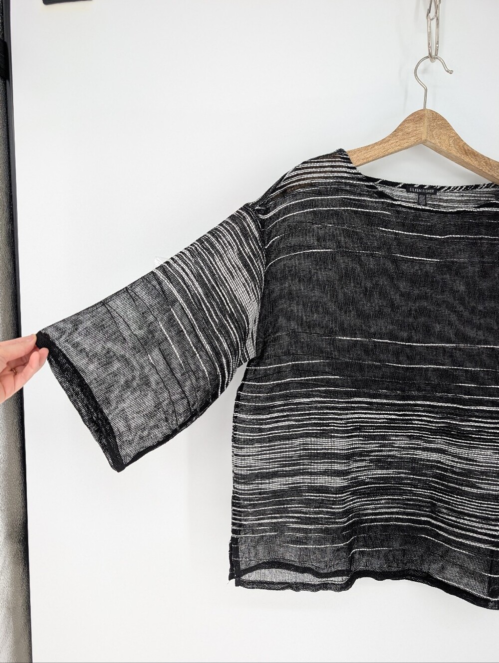 Eileen Fisher Illusion Organic Linen Mesh Bateau Neck Top Black Small - Picture 4 of 8